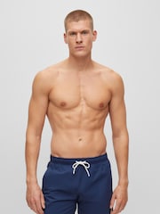 BOSS Dark Blue Recycled Material Swim Shorts with Logo and Signature Stripe - Image 1 of 4