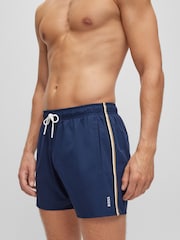 BOSS Dark Blue Recycled Material Swim Shorts with Logo and Signature Stripe - Image 3 of 4