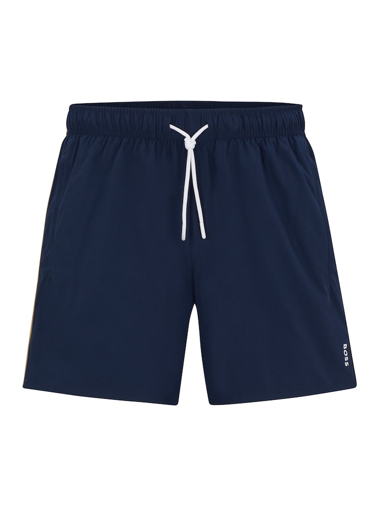 BOSS Dark Blue Recycled Material Swim Shorts with Logo and Signature Stripe - Image 4 of 4