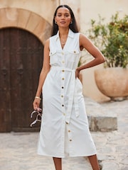 Sosandar Cream 100% Cotton Sleevless Button Through Denim Midaxi Dress - Image 3 of 5