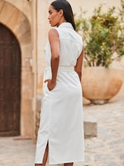 Sosandar Cream 100% Cotton Sleevless Button Through Denim Midaxi Dress - Image 4 of 5