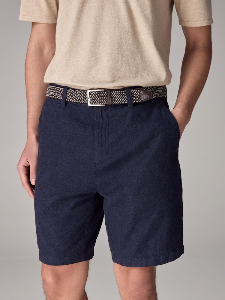 Navy Blue Linen Cotton Chino Shorts with Belt Included - Image 1 of 9