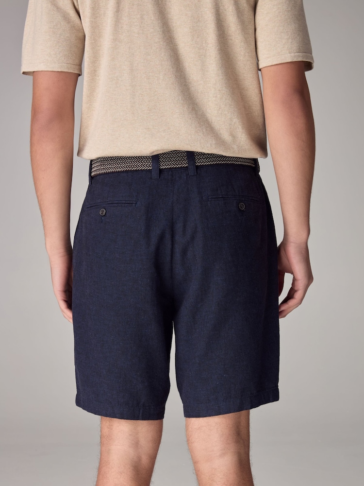 Navy Blue Linen Cotton Chino Shorts with Belt Included - Image 2 of 9