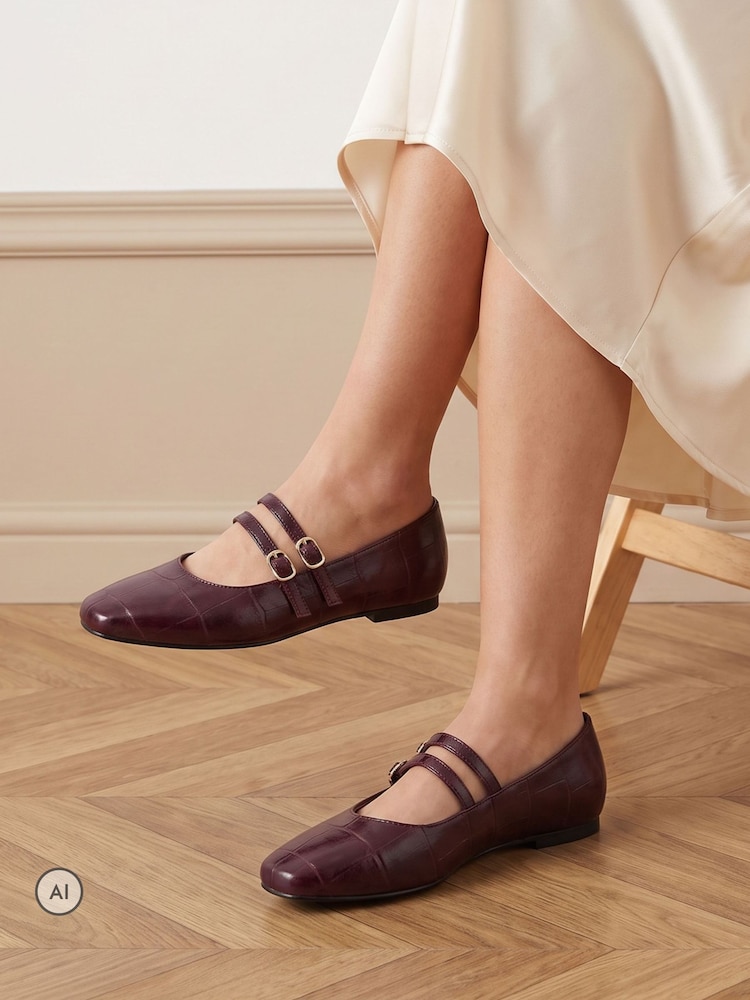 Novo Burgundy Wide Fit Fancie Mary Jane Flat Shoes - Image 1 of 6 Novo Burgundy Wide Fit Fancie Mary Jane Flat Shoes - Image 1 of 6