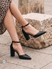 Novo Black Wide Fit Ivar Two Part Block Heel Point Toe Ankle Strap Court Shoes - Image 1 of 6