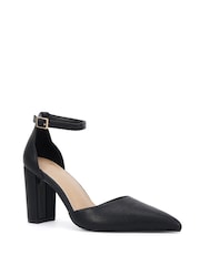 Novo Black Wide Fit Ivar Two Part Block Heel Point Toe Ankle Strap Court Shoes - Image 3 of 6