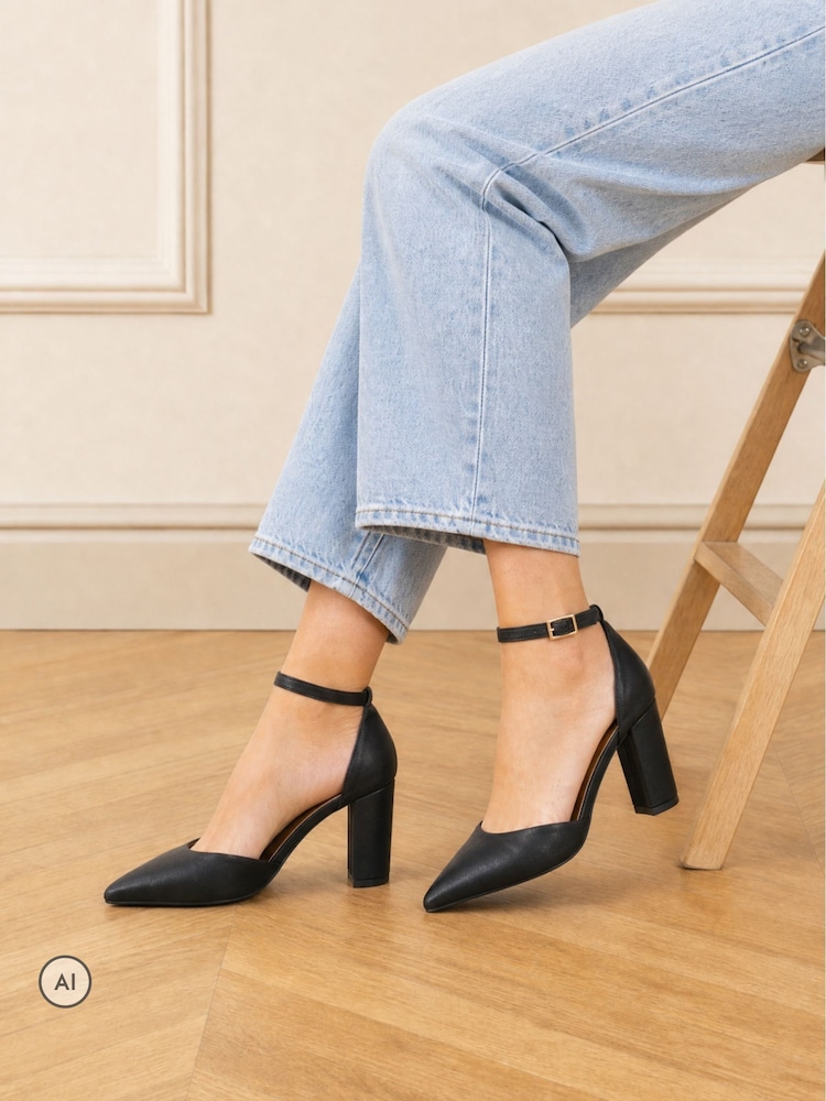 Novo Black Standard Fit Ivar Two Part Block Heel Point Toe Ankle Strap Court Shoes - Image 1 of 6