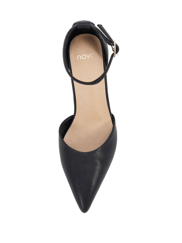 Novo Black Standard Fit Ivar Two Part Block Heel Point Toe Ankle Strap Court Shoes - Image 6 of 6