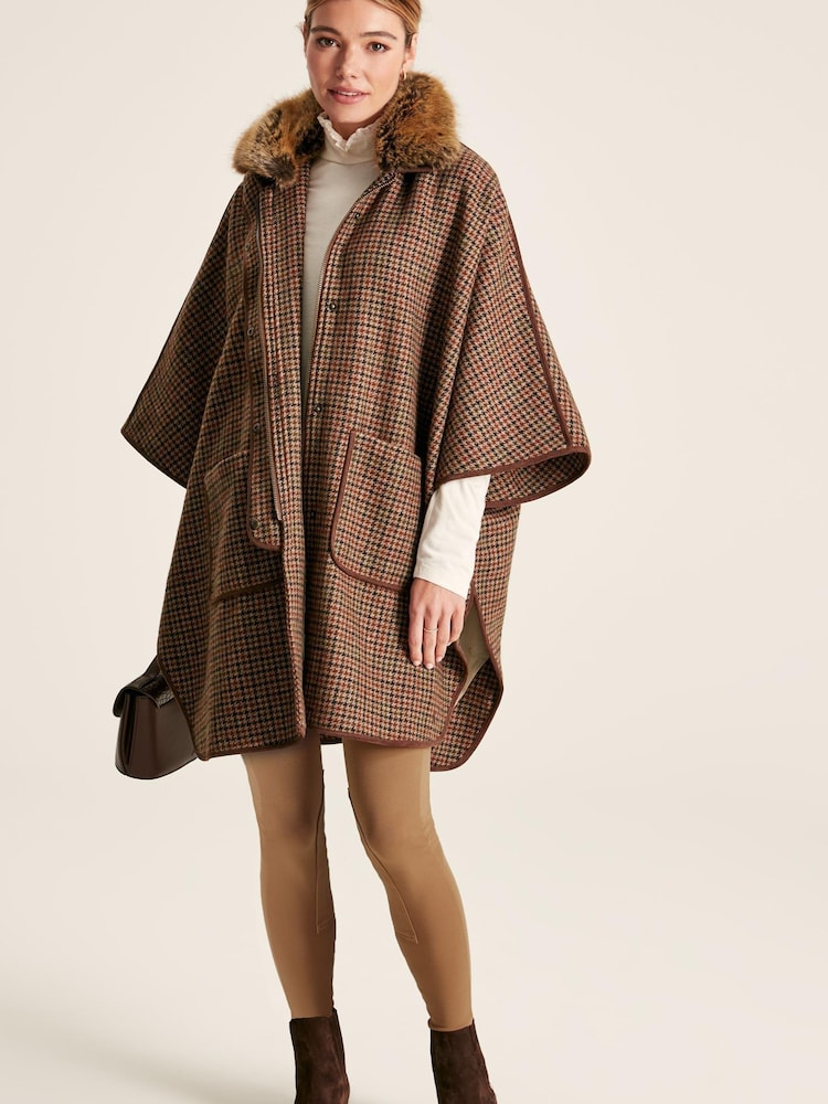 Joules Sandringham Brown Tweed Cape With Removable Fur Trim - Image 1 of 8