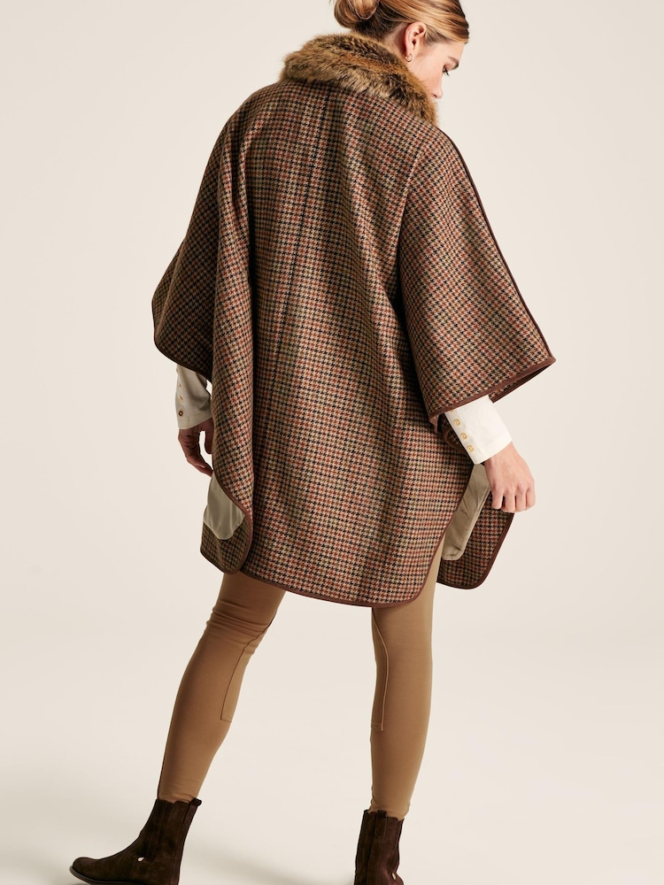 Joules Sandringham Brown Tweed Cape With Removable Fur Trim - Image 2 of 8