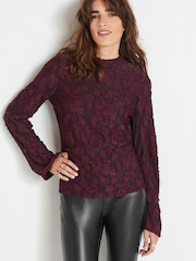 Berry Red Textured Jacquard Long Sleeve Blouse - Image 3 of 7