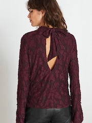 Berry Red Textured Jacquard Long Sleeve Blouse - Image 4 of 7
