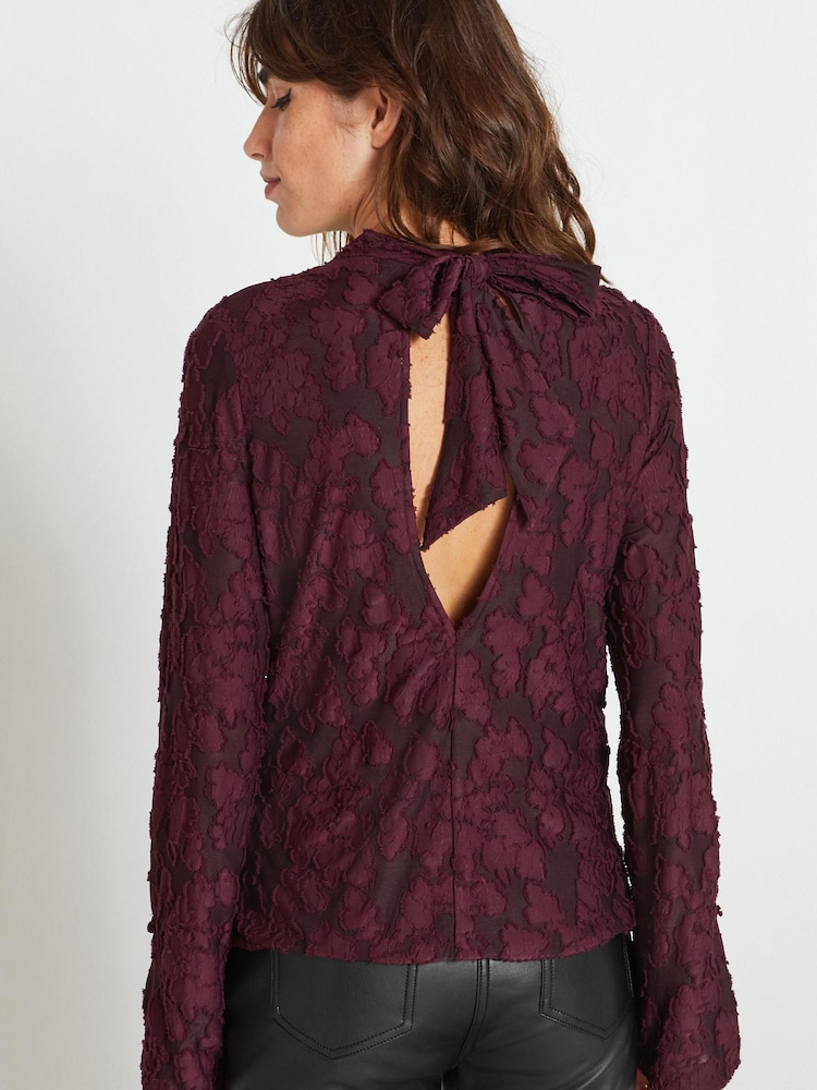 Berry Red Textured Jacquard Long Sleeve Blouse - Image 4 of 7