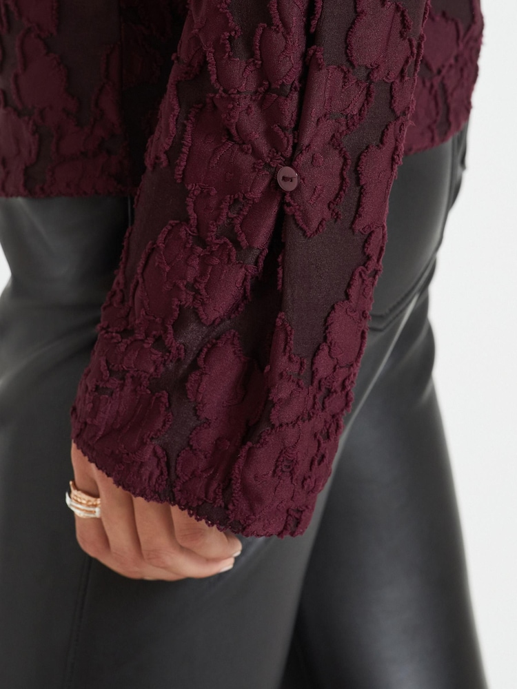 Berry Red Textured Jacquard Long Sleeve Blouse - Image 5 of 7