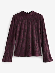 Berry Red Textured Jacquard Long Sleeve Blouse - Image 6 of 7