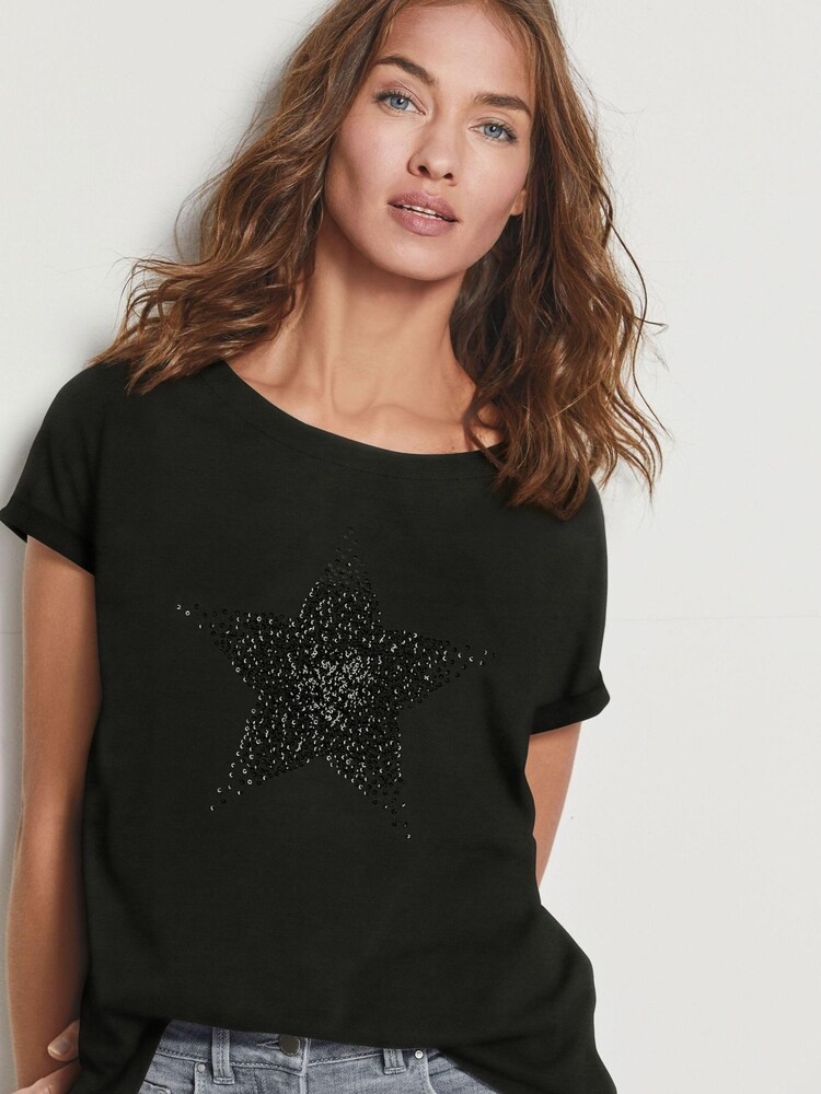 Noir - T-shirt à manches bouchon à ourlet arrondi - Image 1 de 2