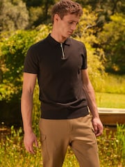 Black Knitted Regular Fit Zip Polo Shirt - Image 1 of 8