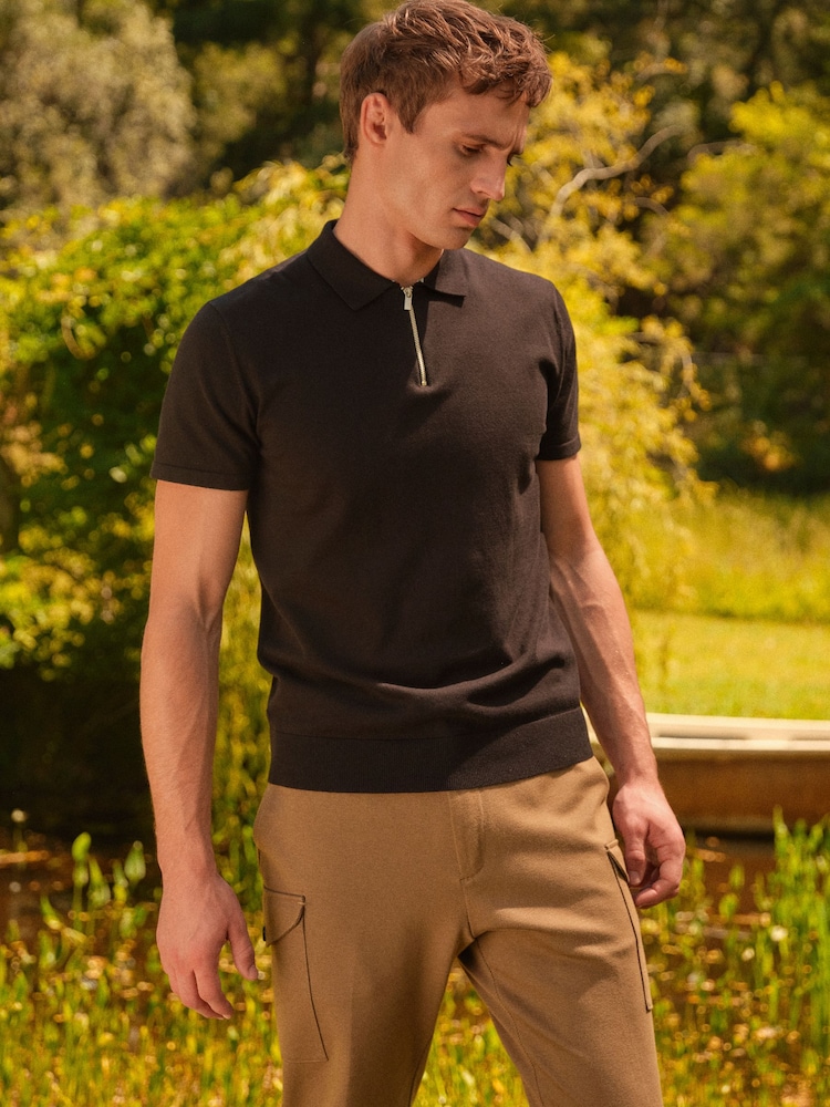 Black Knitted Regular Fit Zip Polo Shirt - Image 1 of 8