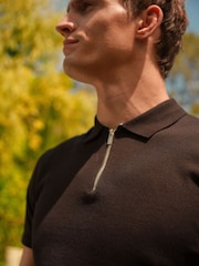 Black Knitted Regular Fit Zip Polo Shirt - Image 5 of 8