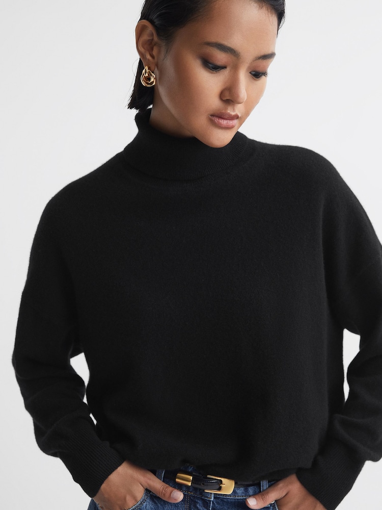Reiss Black Mabel Fitted Cashmere Roll Neck Top - Image 1 of 5 Reiss Black Mabel Fitted Cashmere Roll Neck Top - Image 1 of 5