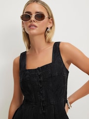 River Island Black Petite Denim Embroidered Swing Dress - Image 2 of 4