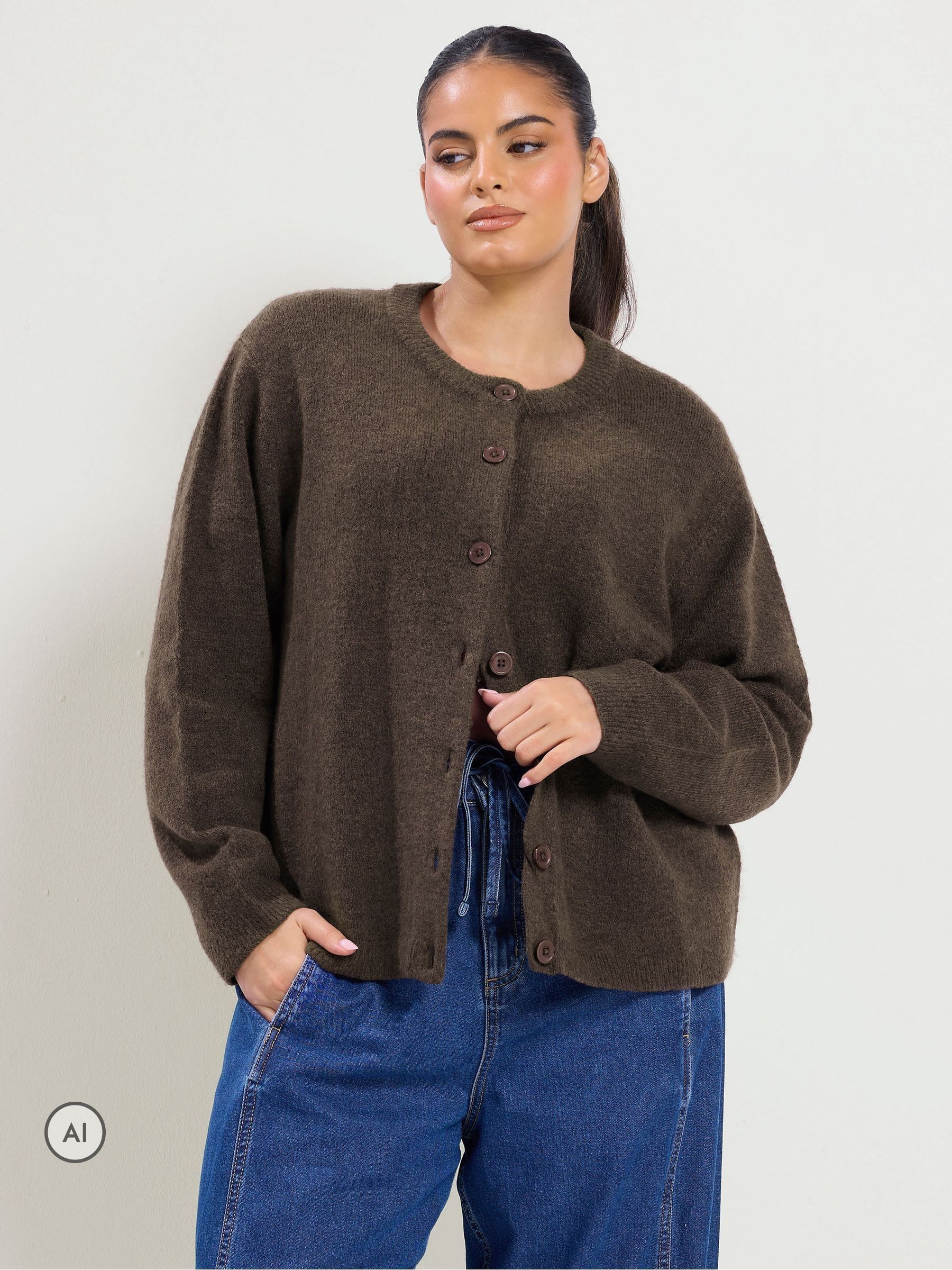 Yours Curve Women's Brown Crew Neck Cardigan - Image 1