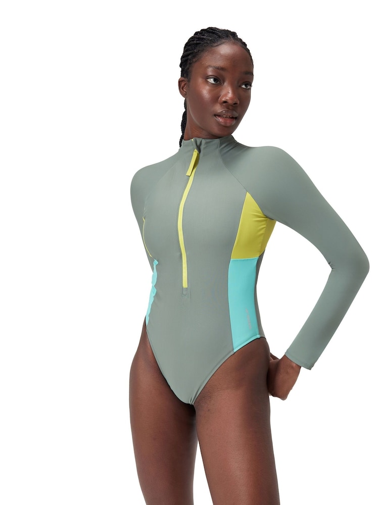 Speedo Green 8-004033 L/S Zip Colorblock Swimsuit 1 Piece - Image 1 of 12