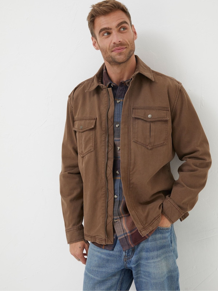 FatFace Brown Bowd Zip Front Overshirt - Image 1 of 4
