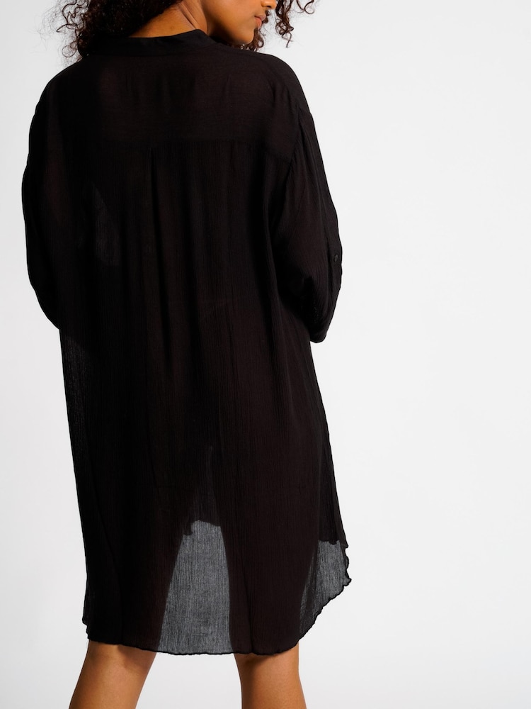 South Beach Black Nehru Collar Double Pocket Beach Shirt - Image 2 of 4