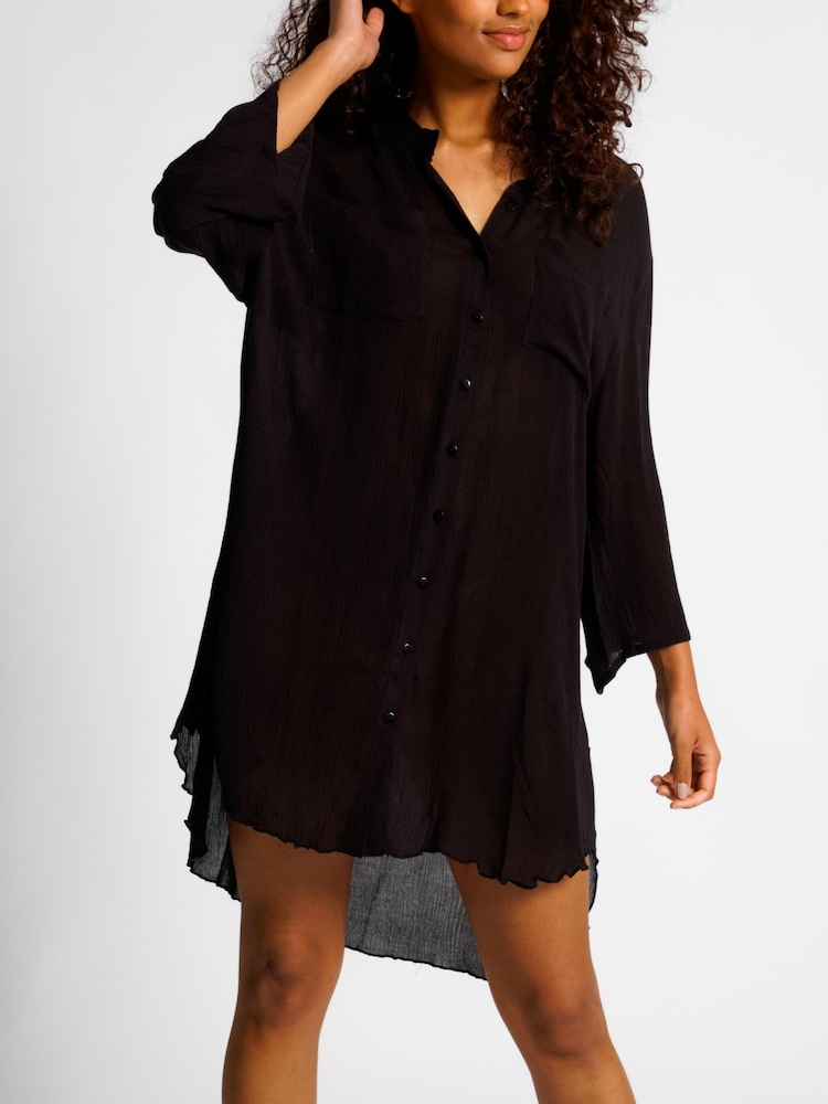South Beach Black Nehru Collar Double Pocket Beach Shirt - Image 4 of 4