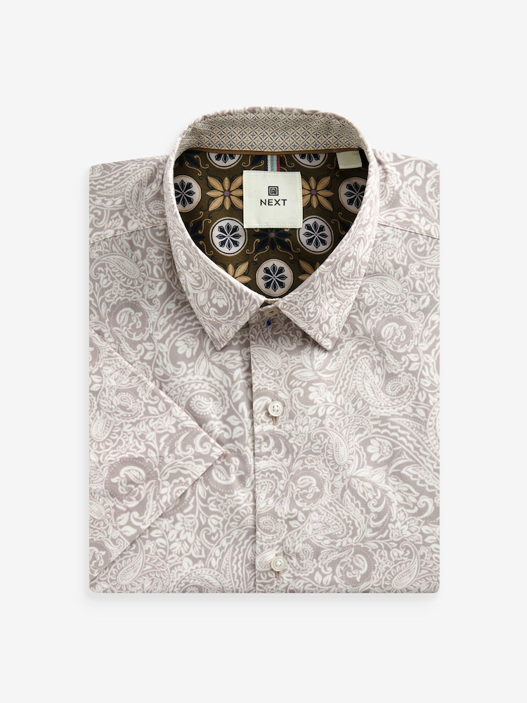Neutral Brown Paisley Regular Fit Printed Short Sleeve Shirt - Image 1 of 2