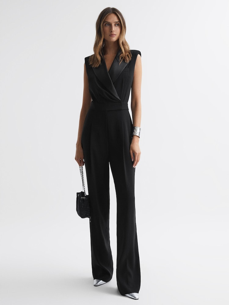 Reiss Black Saskia Satin Lapel Jumpsuit - Image 1 of 5
