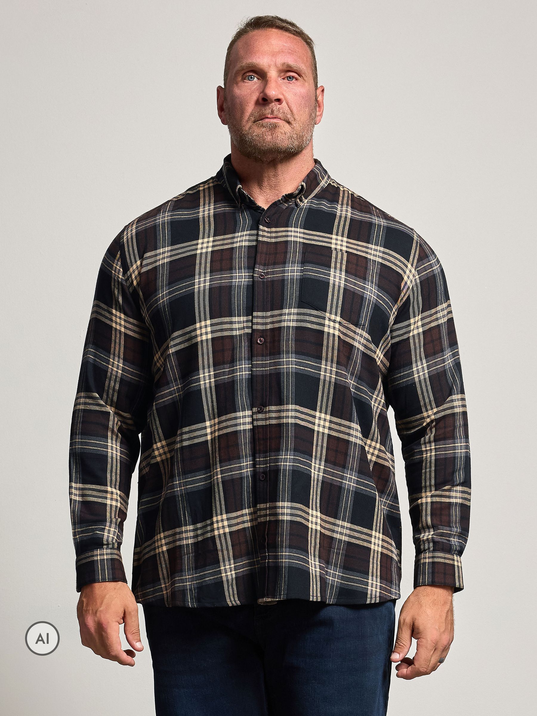 BadRhino Mens Brushed Check Long Sleeve Shirt, Brown, Size 7-8Xl, Men - Image 2