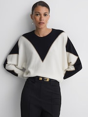 Reiss Black/Ivory Sydney Cashmere-Wool Blend Crew Neck Jumper - Image 1 of 5