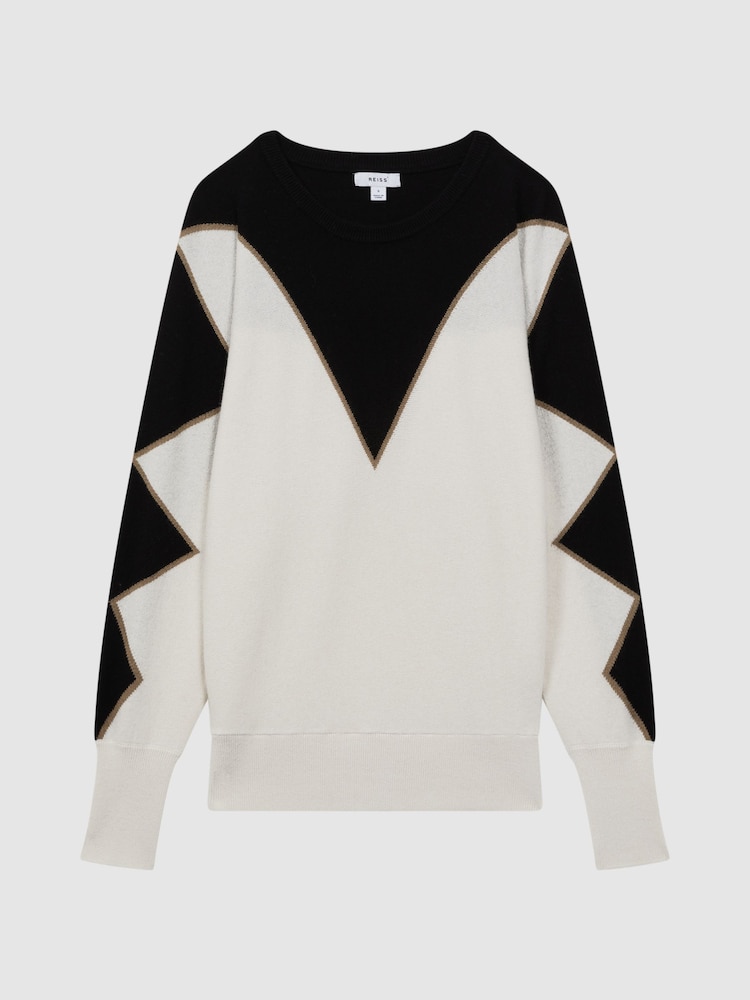 Reiss Black/Ivory Sydney Cashmere-Wool Blend Crew Neck Jumper - Image 2 of 5