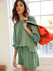 Dark Green Raw Hem Detail Washed Crew Neck Sweatshirt - Image 2 of 6