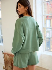 Dark Green Raw Hem Detail Washed Crew Neck Sweatshirt - Image 3 of 6