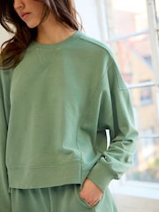 Dark Green Raw Hem Detail Washed Crew Neck Sweatshirt - Image 4 of 6