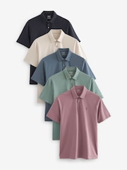 Navy/Light Neutral/Pink/Sage Green/Blue Regular Fit Short Sleeve Jersey Polo Shirts 5 Pack - Image 1 of 12