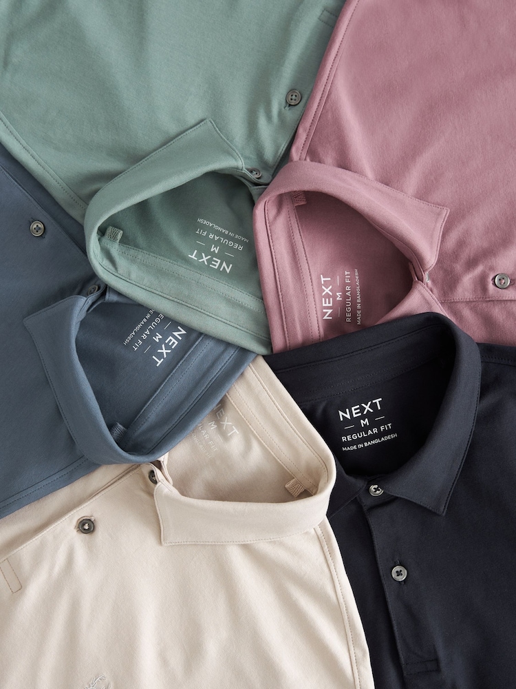 Bleu marine/neutre clair/rose/vert sauge/bleu - Ajustement régulier - Polo en jersey Manches courtes 5 Pack - Image 10 of 12