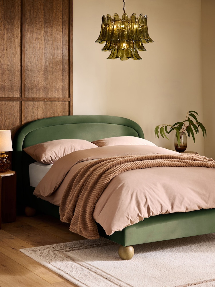Soft Velvet Olive Green Demi Upholstered Bed Frame - Image 1 of 7 Soft Velvet Olive Green Demi Upholstered Bed Frame - Image 1 of 7