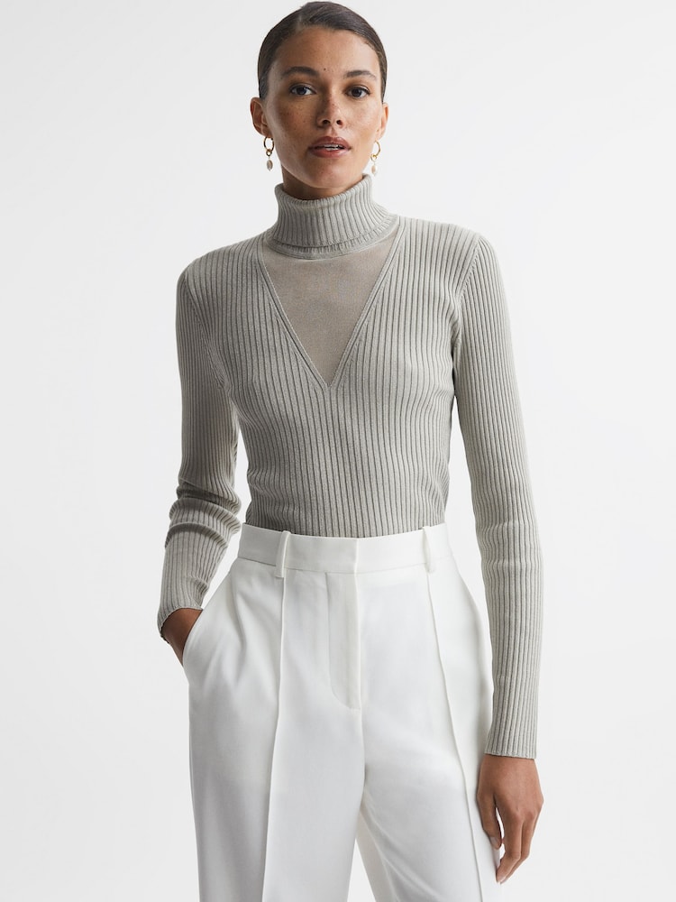 Reiss Silver Tanya Metallic Ribbed Mesh Panel Funnel Neck Top - Image 1 of 6 Reiss Silver Tanya Metallic Ribbed Mesh Panel Funnel Neck Top - Image 1 of 6