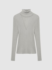 Reiss Silver Tanya Metallic Ribbed Mesh Panel Funnel Neck Top - Image 2 of 6