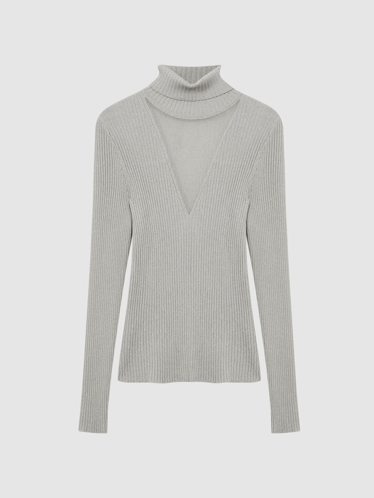 Reiss Silver Tanya Metallic Ribbed Mesh Panel Funnel Neck Top - Image 2 of 6
