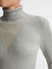 Reiss Silver Tanya Metallic Ribbed Mesh Panel Funnel Neck Top - Image 4 of 6