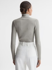 Reiss Silver Tanya Metallic Ribbed Mesh Panel Funnel Neck Top - Image 5 of 6