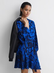 Reiss Blue/Navy Kerri Printed Blouson Sleeve Dress - Image 1 of 5