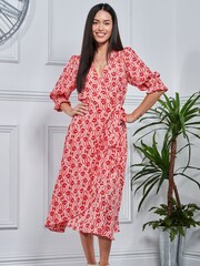 Jolie Moi Rotes Ellie Krepp Wickel-Midikleid mit Puffärmeln - Bild 1 von 5
