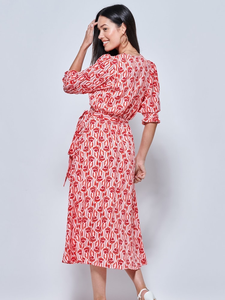 Jolie Moi Rotes Ellie Krepp Wickel-Midikleid mit Puffärmeln - Bild 2 von 5