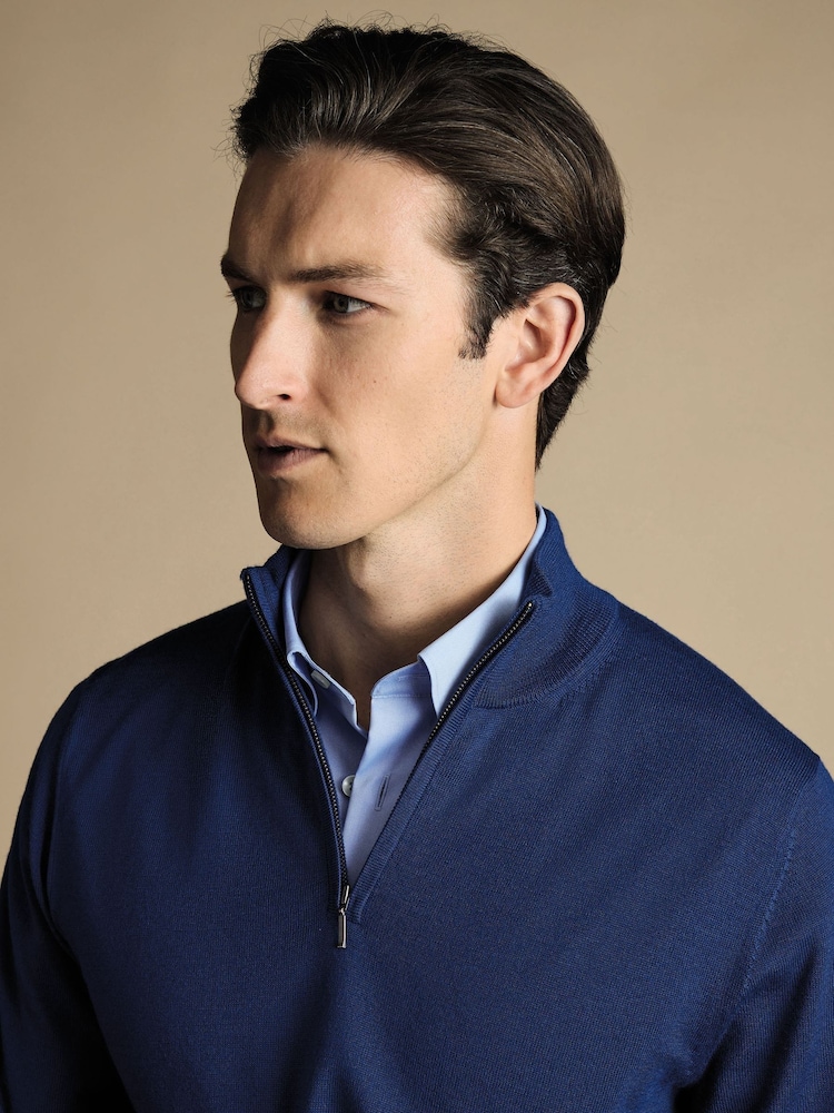 Charles Tyrwhitt Blue Pure Merino Quarter Zip Jumper - Image 2 of 5